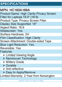 Kensington HC160A169A High Clarity Privacy Screen Filter for Laptops 16" (16:9)