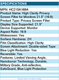 Kensington HC215A169A High Clarity Privacy Screen Filter for Monitors 21.5"