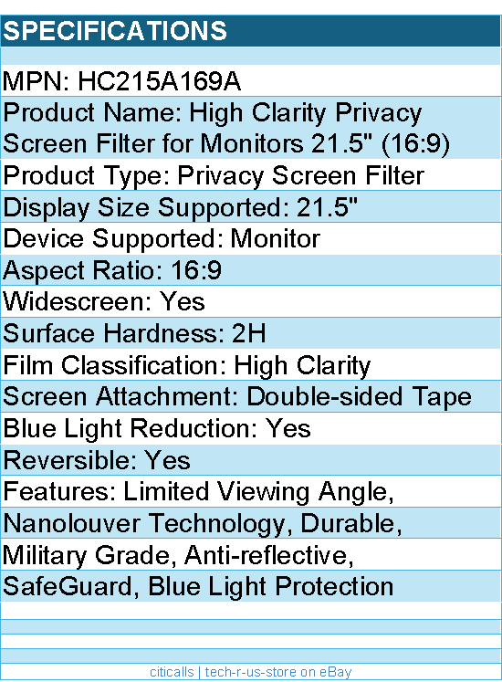 Kensington HC215A169A High Clarity Privacy Screen Filter for Monitors 21.5"