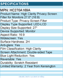 Kensington HC270A169A High Clarity Privacy Screen Filter for Monitors 27" (16:9)