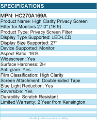 Kensington HC270A169A High Clarity Privacy Screen Filter for Monitors 27" (16:9)