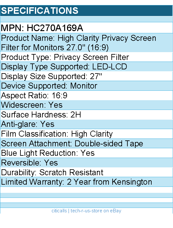 Kensington HC270A169A High Clarity Privacy Screen Filter for Monitors 27" (16:9)
