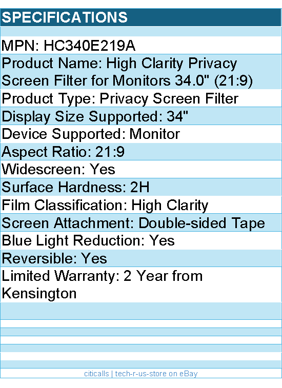 Kensington HC340E219A High Clarity Privacy Screen Filter for Monitors 34.0"