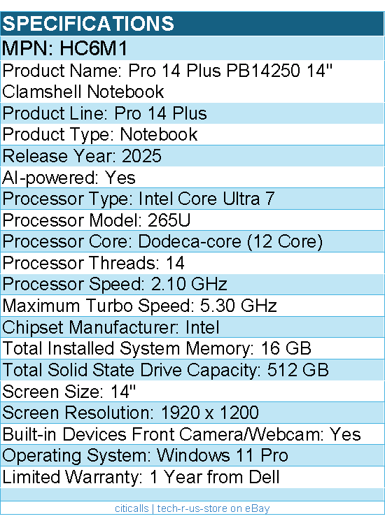Dell HC6M1 Pro 14 Plus PB14250 14" Clamshell Notebook - Full HD Plus