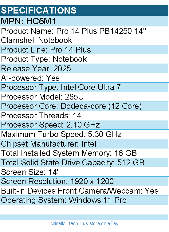 Dell HC6M1 Pro 14 Plus PB14250 14" Clamshell Notebook - Intel Core Ultra 7