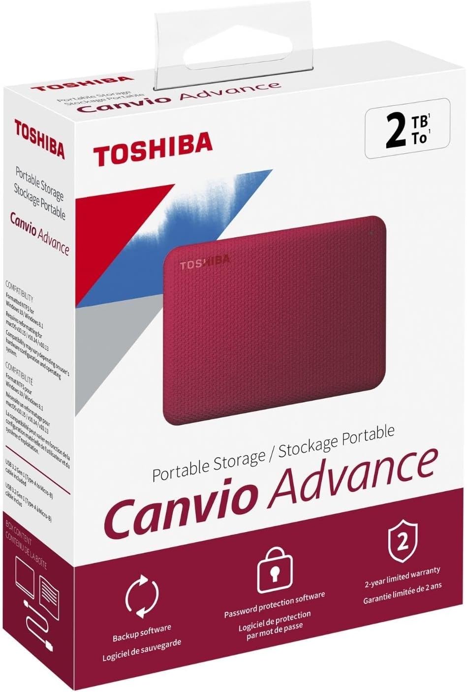 Toshiba HDTCA20XR3AA Canvio Advance - Hard drive - 2 TB - external - 2.5" - Red