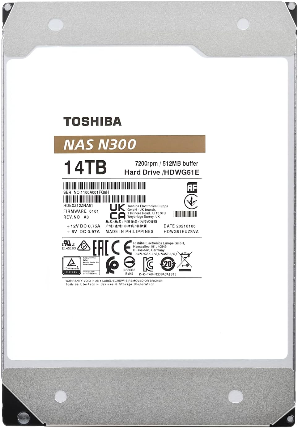 Toshiba HDWG51EXZSTA N300 NAS - Hard drive - 14 TB -internal - 3.5" -SATA 6Gb/s