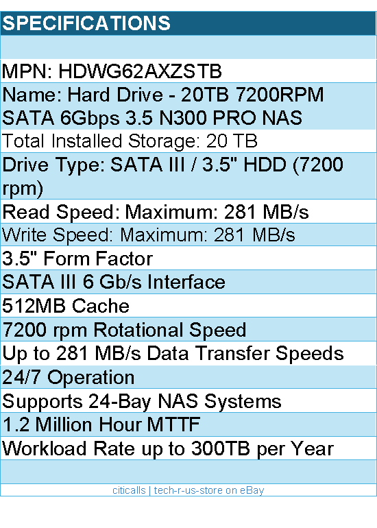 Toshiba HDWG62AXZSTB Hard Drive - 20TB 7200RPM SATA 6Gbps 3.5 N300 PRO NAS