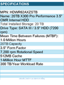 Toshiba HDWR62AXZSTB Hard Drive - 20TB 7200 RPM SATA 6Gbps 3.5 X300 PRO