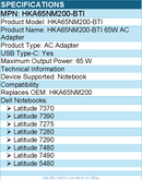 BTI HKA65NM200-BTI 65W TYPE-C AC ADAPTER for Dell Latitude Notebook