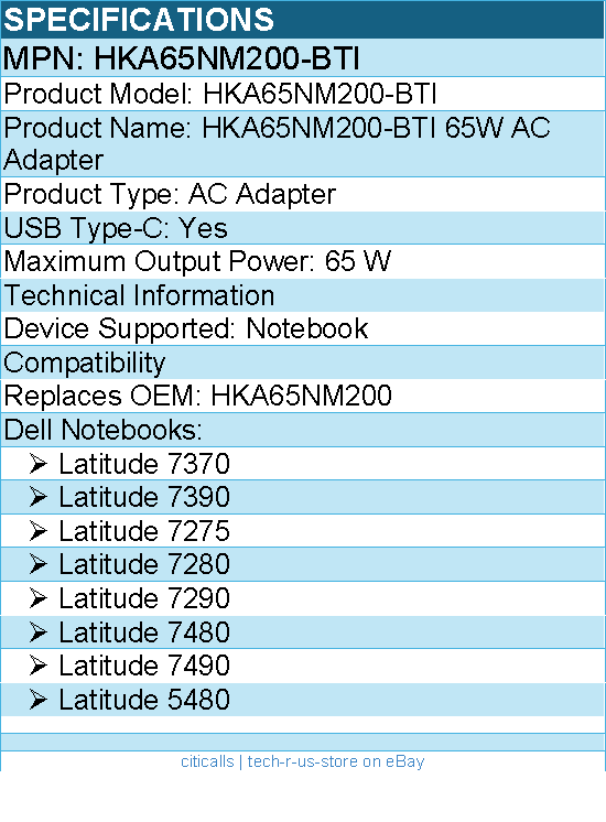BTI HKA65NM200-BTI 65W TYPE-C AC ADAPTER for Dell Latitude Notebook