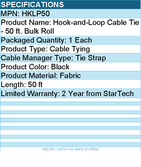 StarTech HKLP50 Hook-and-Loop Cable Management Tie - Fabric - Black
