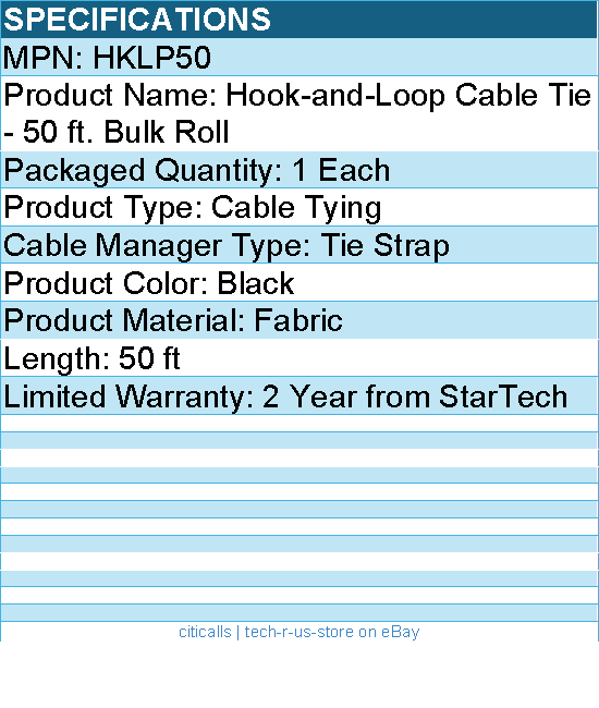 StarTech HKLP50 Hook-and-Loop Cable Management Tie - Fabric - Black