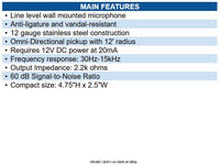 Hanwha HNW-SS-806 Line Level Wall Mounted Microphone, Stainless Steel
