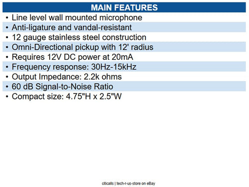 Hanwha HNW-SS-806 Line Level Wall Mounted Microphone, Stainless Steel