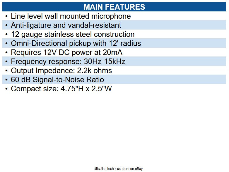 Hanwha HNW-SS-806 Line Level Wall Mounted Microphone, Stainless Steel