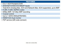 Hanwha HRX-434 HD+ Series 8MP 4-Channel Pentabrid DVR, 32Mbps, 2TB HDD, Black