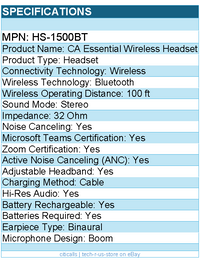 Cyber Acoustics HS-1500BT CA Essential Wireless Headset - Bluetooth