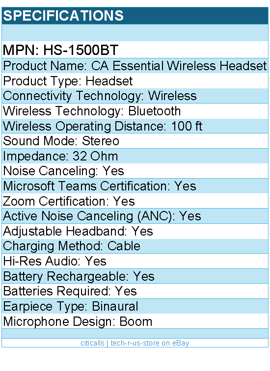Cyber Acoustics HS-1500BT CA Essential Wireless Headset - Bluetooth