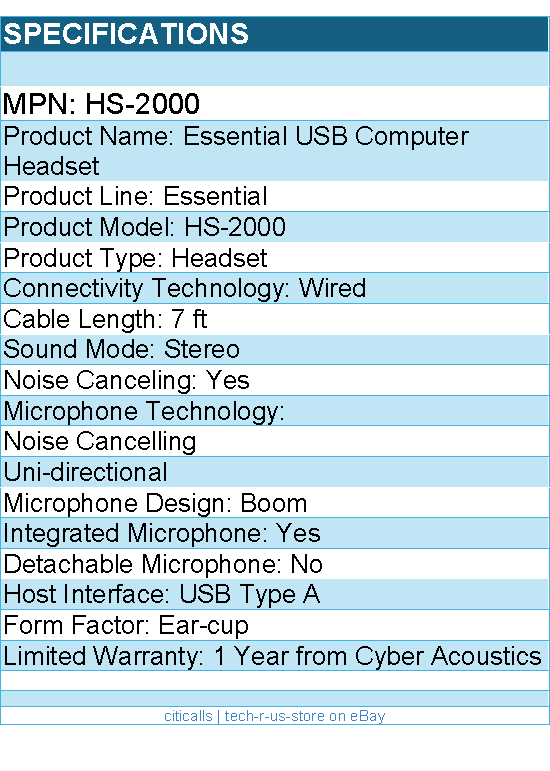 Cyber Acoustics HS-2000 Essential USB Computer Headset - USB Type A - Wired