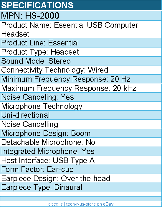 Cyber Acoustics HS-2000 Essential USB Computer Headset - Stereo - USB Type A