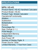 Casio HS-4G Handheld Calculator - 8 Digits - Solar Powered