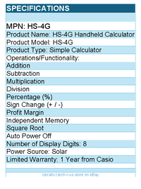 Casio HS-4G Handheld Calculator - 8 Digits - Solar Powered