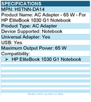 HPI HSTNN-DA14 AC Adapter - 65 W - For HP EliteBook 1030 G1 Notebook