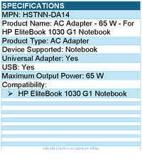 HPI HSTNN-DA14 AC Adapter - 65 W - For HP EliteBook 1030 G1 Notebook
