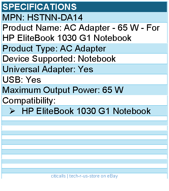HPI HSTNN-DA14 AC Adapter - 65 W - For HP EliteBook 1030 G1 Notebook