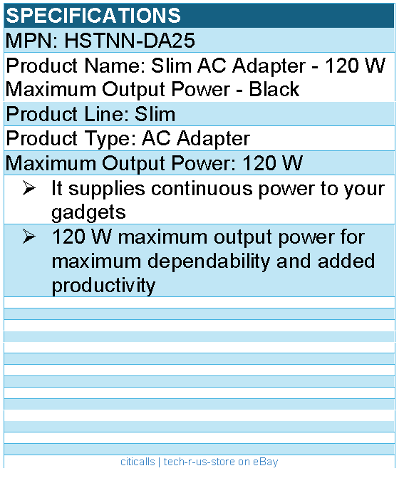 HPI HSTNN-DA25 Slim AC Adapter - 120 W Maximum Output Power - Black