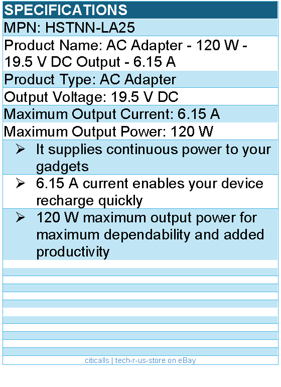 HPI HSTNN-LA25 AC Adapter - 120 W - 19.5 V DC Output - 6.15 A