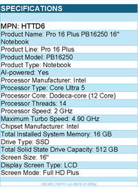 Dell HTTD6 Pro 16 Plus PB16250 16" Notebook - Full HD Plus - Intel Core Ultra 5