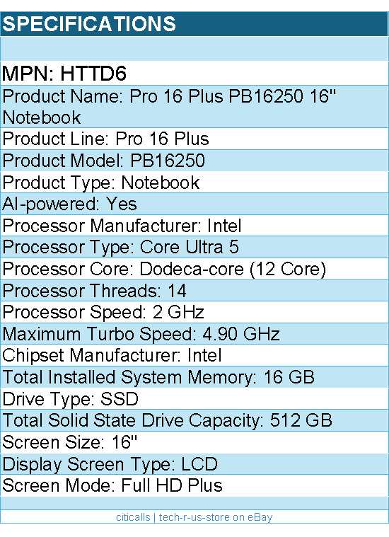 Dell HTTD6 Pro 16 Plus PB16250 16" Notebook - Full HD Plus - Intel Core Ultra 5