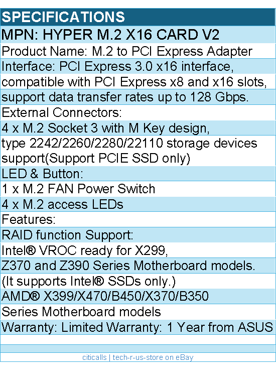 ASUS HYPER M.2 X16 CARD V2 PCIe 3.0 X4 Expansion Card V2 Supports 4 NVMe M.2