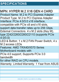 ASUS HYPER M.2 X16 GEN 4 CARD PCIe 4.0 X4 Expansion Card Supports 4 NVMe M.2