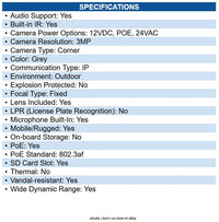 Pelco IBD332-1 SRX Series 3MP Smart Analytics Rolled Corner Camera with 2.3mm
