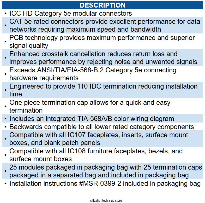 ICC ICC-IC107F5CBL MODULE- CAT 5e- HD- 25 PK- BLUE