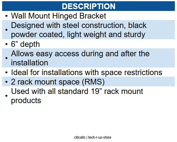 ICC ICC-ICCMSHB2RS BRACKET- WALL MOUNT HINGED- 2 RMS