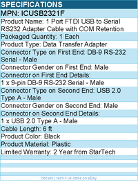 StarTech ICUSB2321F 1 Port FTDI USB to Serial RS232 Adapter Cable