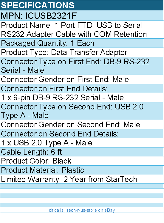 StarTech ICUSB2321F 1 Port FTDI USB to Serial RS232 Adapter Cable