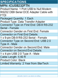 StarTech ICUSB232FTN 6ft (1.8m) 1-Port USB to Serial RS232 Adapter