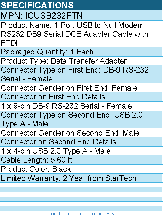 StarTech ICUSB232FTN 6ft (1.8m) 1-Port USB to Serial RS232 Adapter