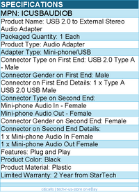 StarTech ICUSBAUDIOB Audio USB Adapter - Plug and Play - Black