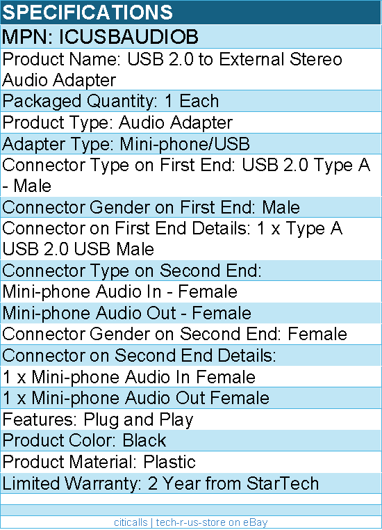 StarTech ICUSBAUDIOB Audio USB Adapter - Plug and Play - Black