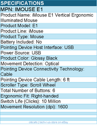 Adesso IMOUSE E1 Vertical Ergonomic Illuminated Mouse - Optical - Cable - USB