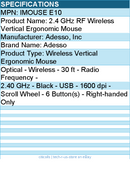 Adesso IMOUSE E10 2.4 GHz RF Wireless Vertical Ergonomic Mouse
