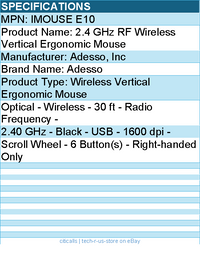 Adesso IMOUSE E10 2.4 GHz RF Wireless Vertical Ergonomic Mouse
