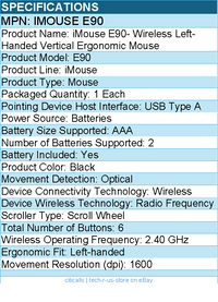 Adesso IMOUSE E90 Wireless Left-Handed Vertical Ergonomic Mouse - Optical
