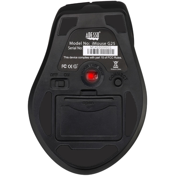 Adesso IMOUSE G25 Wireless Ergonomic Laser Mouse - USB Type A - 1600 dpi - Black